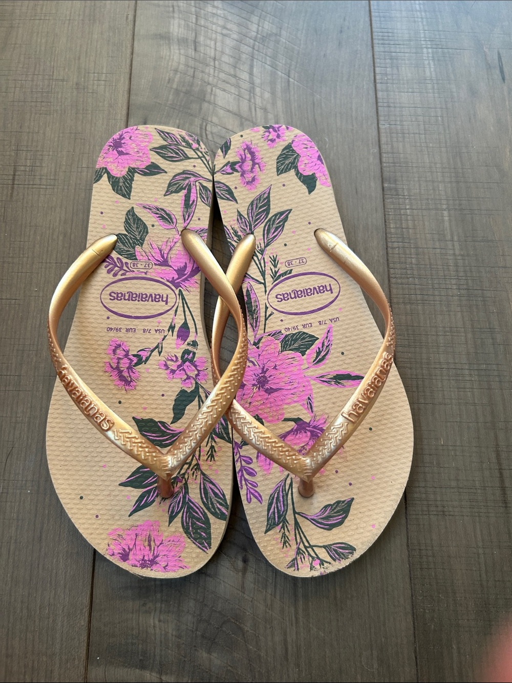 Havaianas Floral Flip Flops with Pink Print and Gold Straps